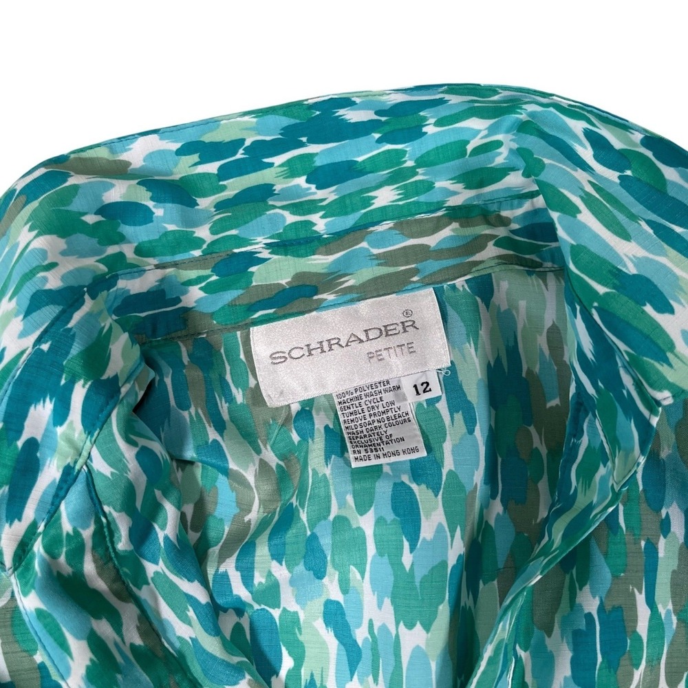 Schrader Petite 12 Teal Green Abstract Shirt Dress Belted Long Sleeve Vintage - Picture 8 of 8